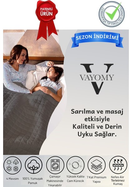 Vayomy Home Ağırlıklı Battaniye Tek Kişilik Yorgan 6 kg Gri 155X215 %100 Pamuk 4 Mevsim Kullanılabilir