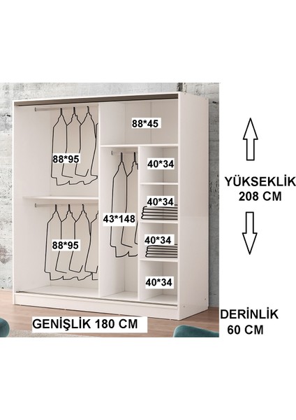 Venüs Sürgülü Gardırop 180 cm - Parlak Beyaz