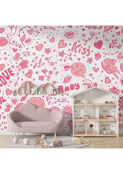 Pembe Kalp Desenli Duvar Kağıdı Baskı