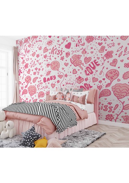 Pembe Kalp Desenli Duvar Kağıdı Baskı fiyatları