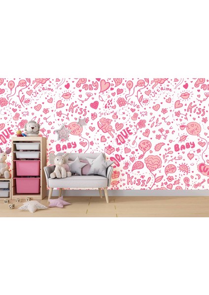 Pembe Kalp Desenli Duvar Kağıdı Baskı fırsatları