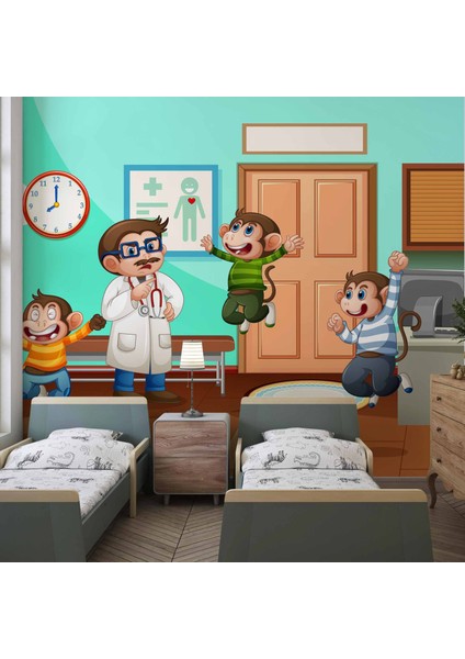 Doktor ve Maymun Desenli Çocuk Oyun Odası Duvar Kağıdı Baskı