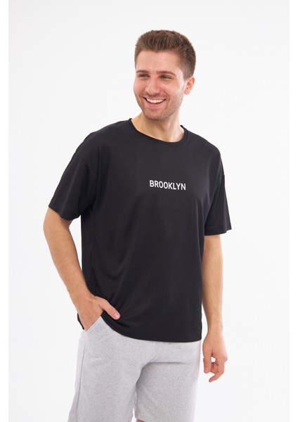 Spor T-Shirt Erkek Brooklyn Baskılı Siyah Renk Yuvarlak Yaka Kappa Kumaş