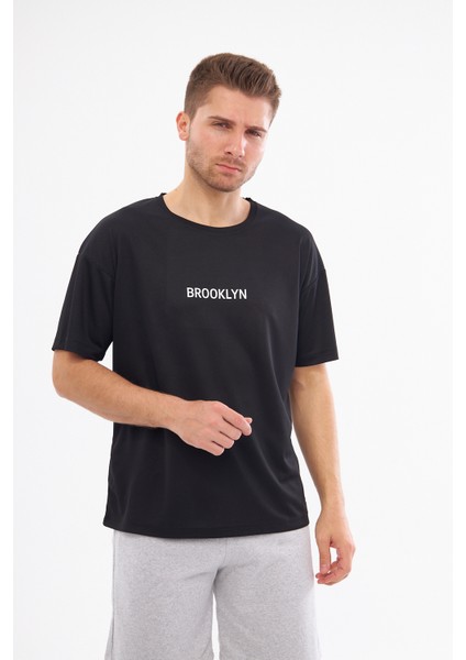 Spor T-Shirt Erkek Brooklyn Baskılı Siyah Renk Yuvarlak Yaka Kappa Kumaş