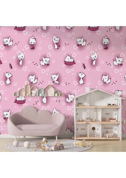 Pembe Kedili Çocuk Odası Duvar Kağıdı Baskı