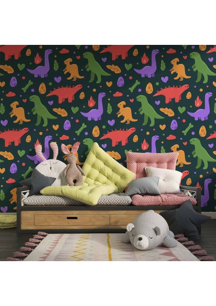 Renkli Dinozor Desenli Çocuk Odası Duvar Kağıdı Baskı modelleri