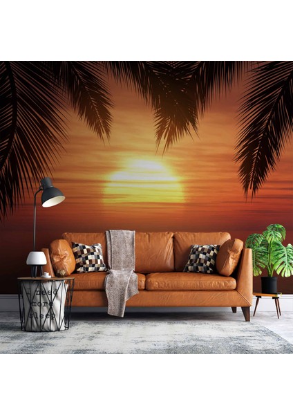 Günbatımı Palmiye Deniz Manzaralı Duvar Kağıdı Baskı