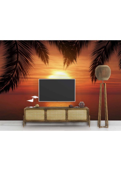 Günbatımı Palmiye Deniz Manzaralı Duvar Kağıdı Baskı modelleri