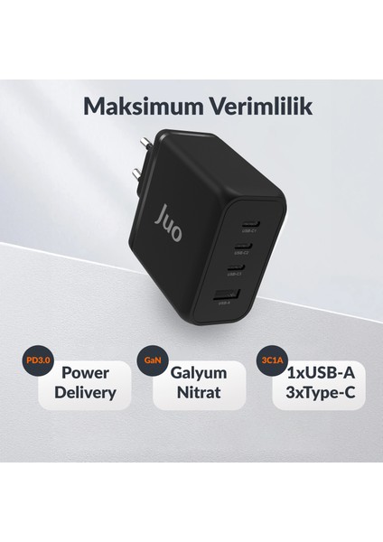 100W 4 Portlu Usb-C + Usb-A Gan Şarj Aleti iPhone & Macbook & Notebook Uyumlu Pd Type-C Hızlı Şarj Cihazı Siyah