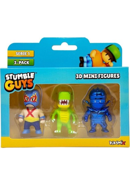 Stumble Guys Seri 1 - 3D Mini 3 Lü Figür Seti - 3 Adet Luchador T-Rex Krom Dynamitron - 5 cm