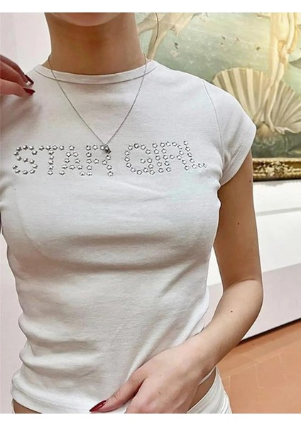 Y2K Star Girl Taşlı Baskılı Yarım Tech Crop T-Shirt modelleri