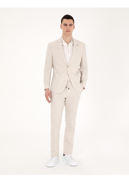 Erkek Bej Slim Fit Keten Karışımlı Çizgili Takım Elbise 50285265-VR011