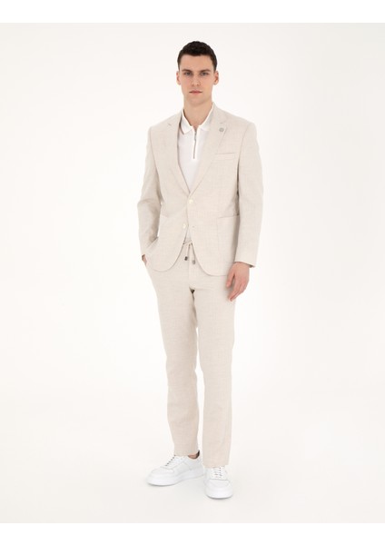 Erkek Bej Slim Fit Keten Karışımlı Çizgili Takım Elbise 50285265-VR011 modelleri