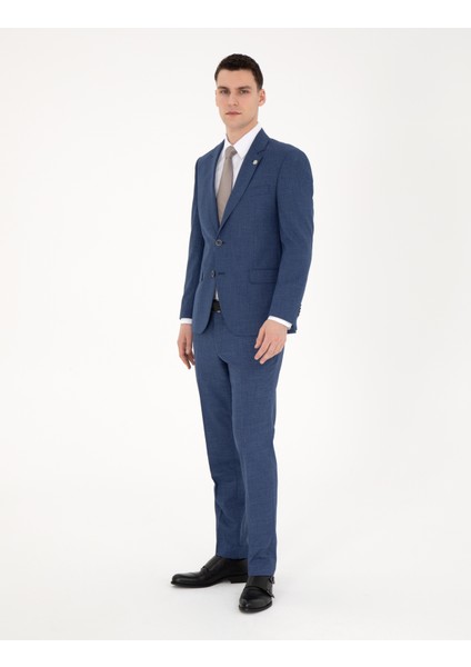 Erkek Koyu Mavi Slim Fit Yün Karışımlı Takım Elbise 50285902-VR032