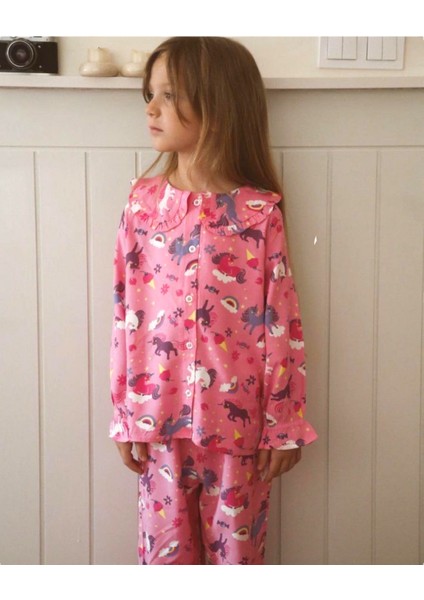 Kız Çocuk Unicorn Temalı Pembe Düğmeli Bebek Yaka Pijama Takımı