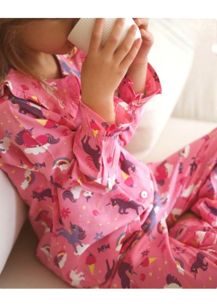 Kız Çocuk Unicorn Temalı Pembe Düğmeli Bebek Yaka Pijama Takımı fiyatları