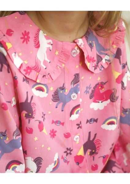 Kız Çocuk Unicorn Temalı Pembe Düğmeli Bebek Yaka Pijama Takımı modelleri