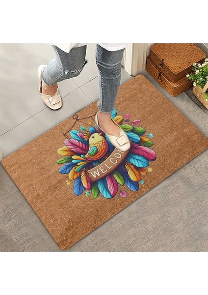Renkli Tüyler ve Kuş Temalı Welcome Kapı Önü Paspası 45X70CM