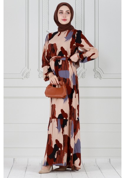 Fırça Darbeli Kuşaklı Viskon Elbise-Gri fiyatları