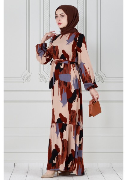 Fırça Darbeli Kuşaklı Viskon Elbise-Gri modelleri