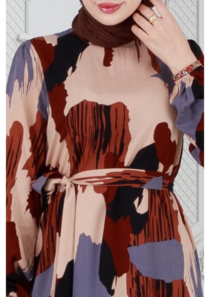 Fırça Darbeli Kuşaklı Viskon Elbise-Gri fırsatları