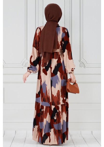 Fırça Darbeli Kuşaklı Viskon Elbise-Gri indirimleri