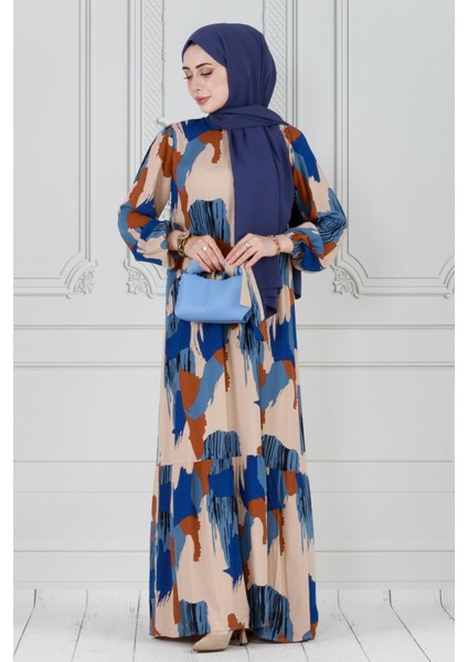 Fırça Darbeli Kuşaklı Viskon Elbise-Mavi