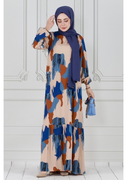 Fırça Darbeli Kuşaklı Viskon Elbise-Mavi fiyatları