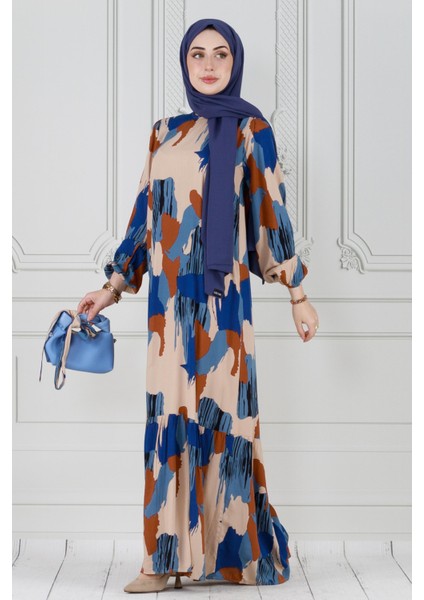Fırça Darbeli Kuşaklı Viskon Elbise-Mavi modelleri