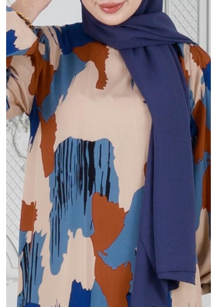 Fırça Darbeli Kuşaklı Viskon Elbise-Mavi fırsatları