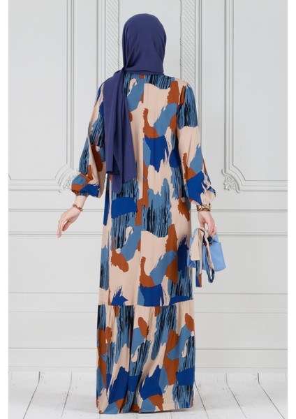 Fırça Darbeli Kuşaklı Viskon Elbise-Mavi indirimleri