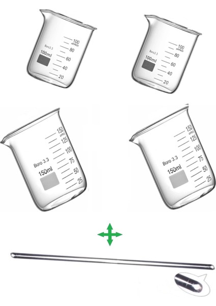 Cam Beher Seti 2 Adet 100 ml 2 Adet 150 ml Cam Beher & 1 Adet 200 mm Baget
