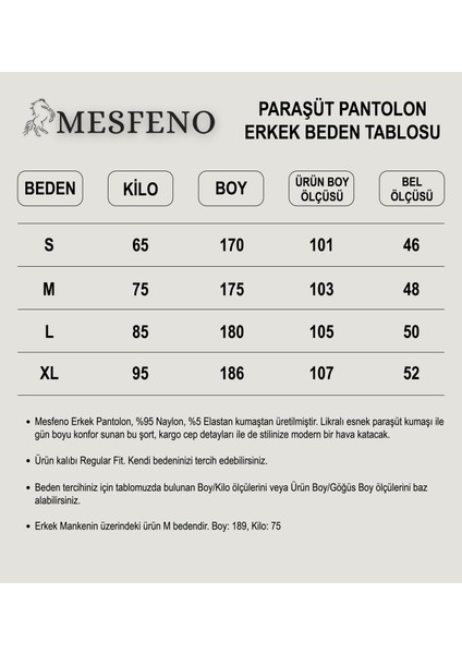 Mesfeno Erkek Pantalon, Likralı Esnek Paraşüt Kumaş, Kargo Cep Detaylı, Regular Kesim, Paçası ve Beli Lastikli Ayarlanabilir Ip Lastikli