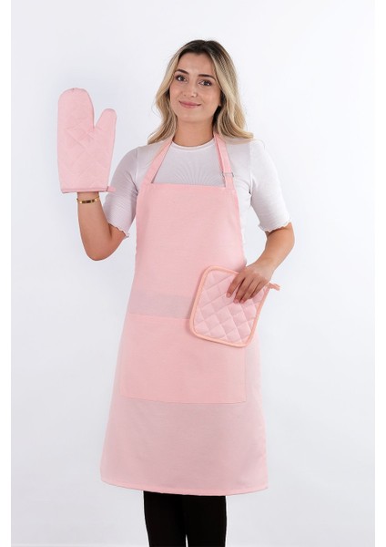 Simple 3'lü Set Ayar Askılı Mutfak Önlüğü Seti (Eldiven, Tutacak)