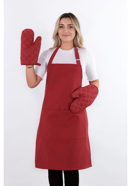 Simple 3'lü Set Ayar Askılı Cepli Mutfak Önlüğü Seti (2 Eldiven) Şef Garson Kafe Aşçı Barista