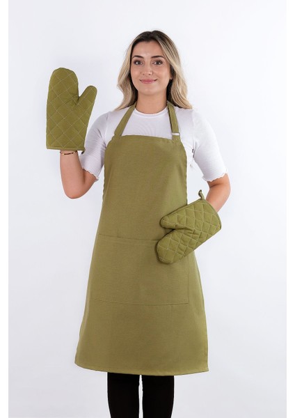 Simple 3'lü Set Ayar Askılı Cepli Mutfak Önlüğü Seti (2 Eldiven) Şef Garson Kafe Aşçı Barista