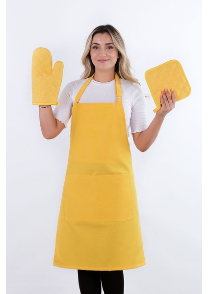 Simple 3'lü Set Ayar Askılı Mutfak Önlüğü Seti (Eldiven, Tutacak)