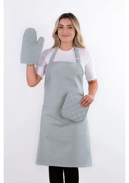 Simple 3'lü Set Ayar Askılı Mutfak Önlüğü Seti (Eldiven, Tutacak)