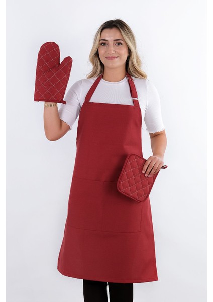Simple 3'lü Set Ayar Askılı Mutfak Önlüğü Seti (Eldiven, Tutacak)