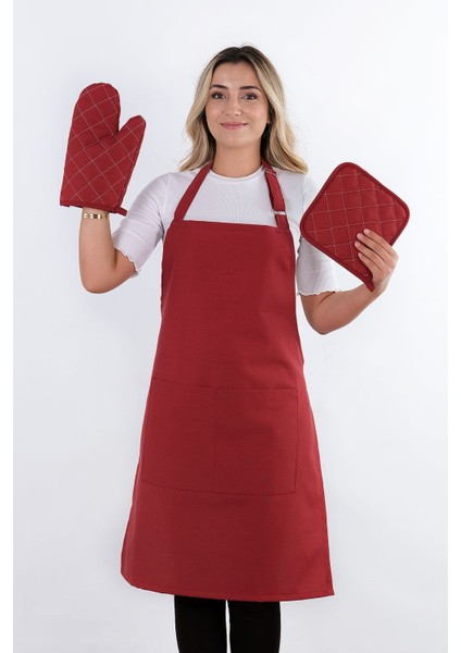 Simple 3'lü Set Ayar Askılı Mutfak Önlüğü Seti (Eldiven, Tutacak)