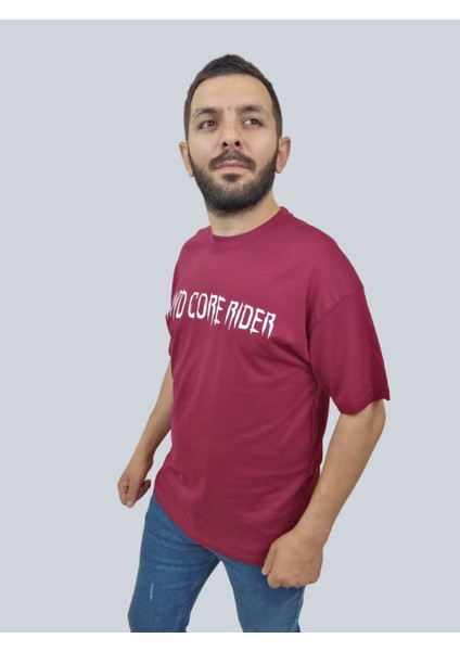Erkek Hardcore Oversize Bisiklet Yaka Bordo Tişört