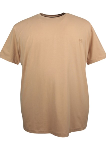 Erkek Büyük Beden 120 Kılo-152 Kilo Arası Için Uygun Bisiklet Yaka Süprem Düz T-Shirt Bej