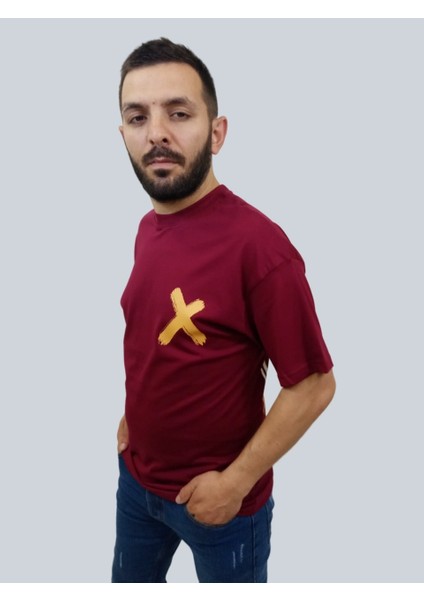 Daniel Milano Erkek Crossed Out Oversize Bisiklet Yaka Bordo Tişört