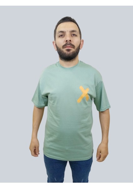 Erkek Crossed Out Oversize Bisiklet Yaka Mint Yeşili Tişört