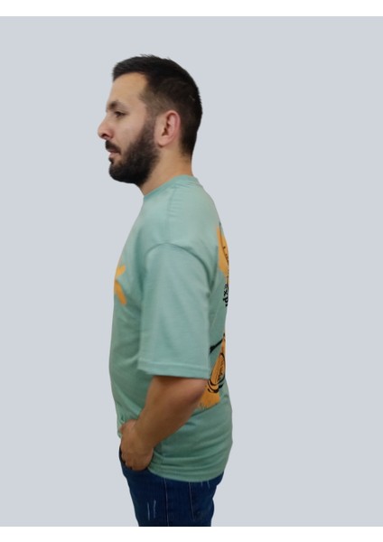 Erkek Crossed Out Oversize Bisiklet Yaka Mint Yeşili Tişört