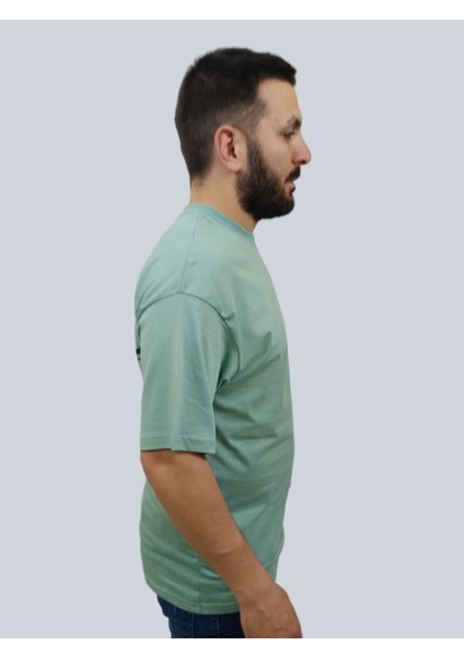 Erkek Crossed Out Oversize Bisiklet Yaka Mint Yeşili Tişört