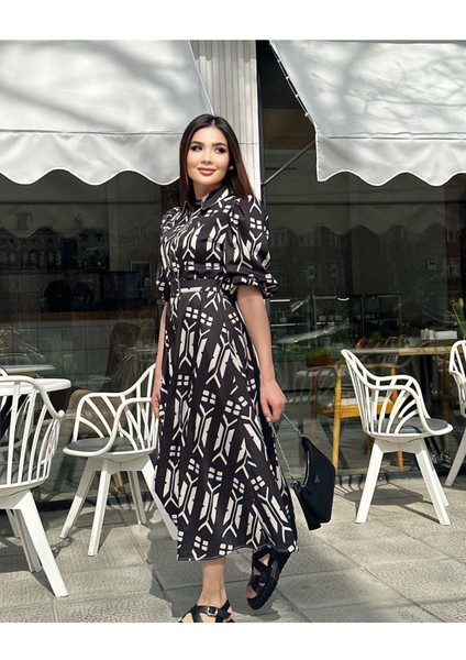 Şems Fashion Poplin Kumaş Kemerli Gömlek Yaka Elbise Uzun Elbise Elbise