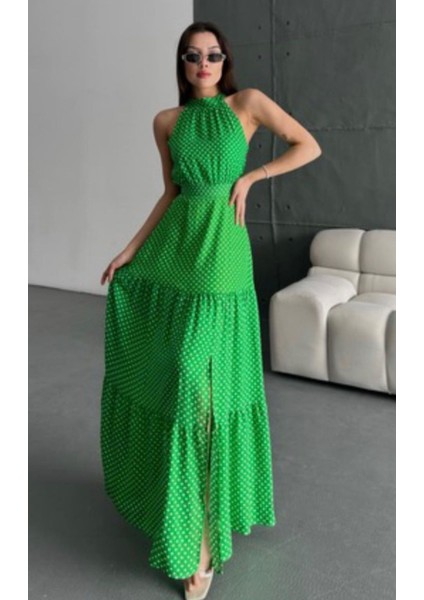 Viskon Kumaş Maxi Boy Halter Yaka Elbise Uzun Elbise Elbise