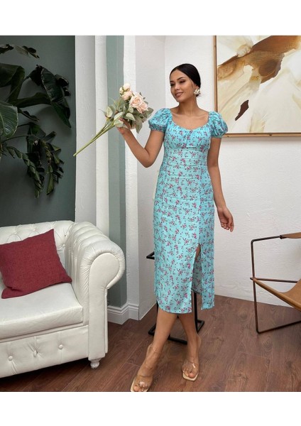 Viskon Kumaş Göğüs Detaylı Yırtmaçlı Elbise Uzun Elbise Maxi Boy Elbise