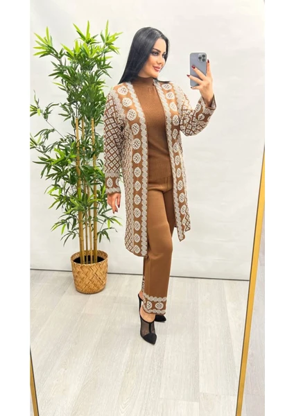 Şems Fashion Triko Kumaş 3lü Set Takım Triko Hırka Kazak Pantolon Takım